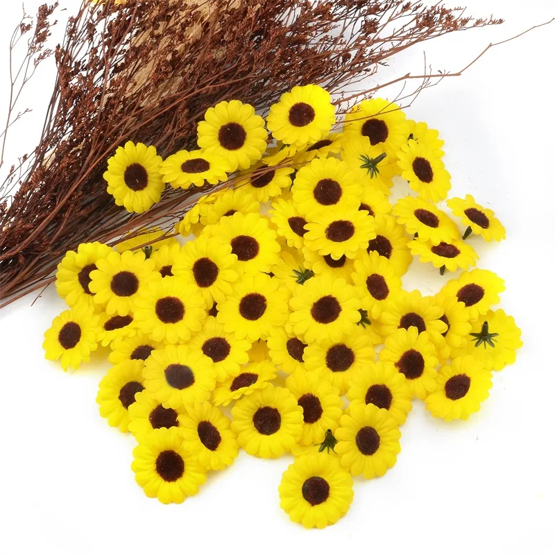 50pcs Mini Silk Sunflower Artificial Flower Head For Wedding Decoration DIY Scrapbooking Wreath Craft Accessories Fake Flowers