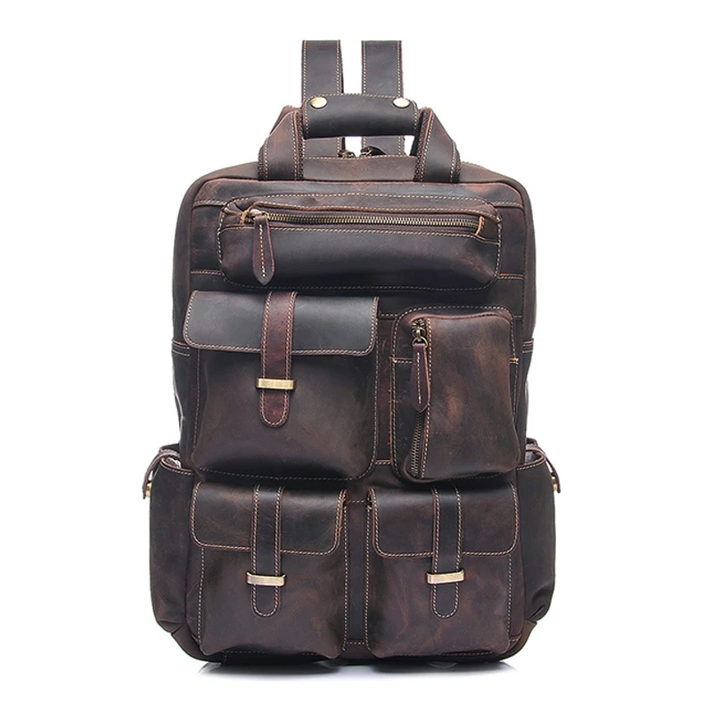 Vintage Genuine Leather Backpacks Men Women High Quality 100% Cow Leather Crazy Horse Men Backpack Shoulder Bag Bolsa Masculina