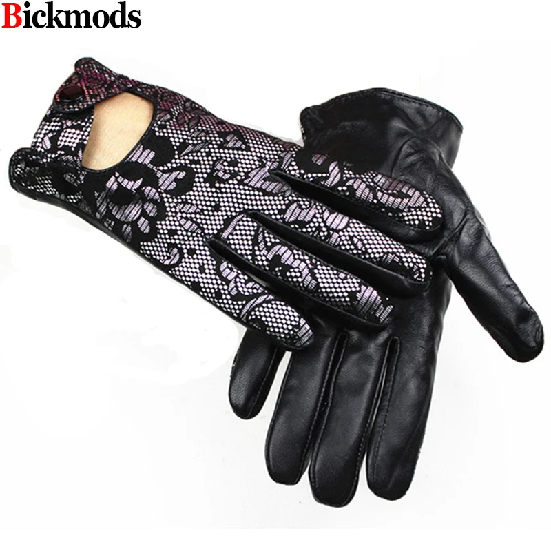 Leather gloves ladies autumn thin high-quality sheepskin hollow printing full finger gloves for motorcycle riding and driving