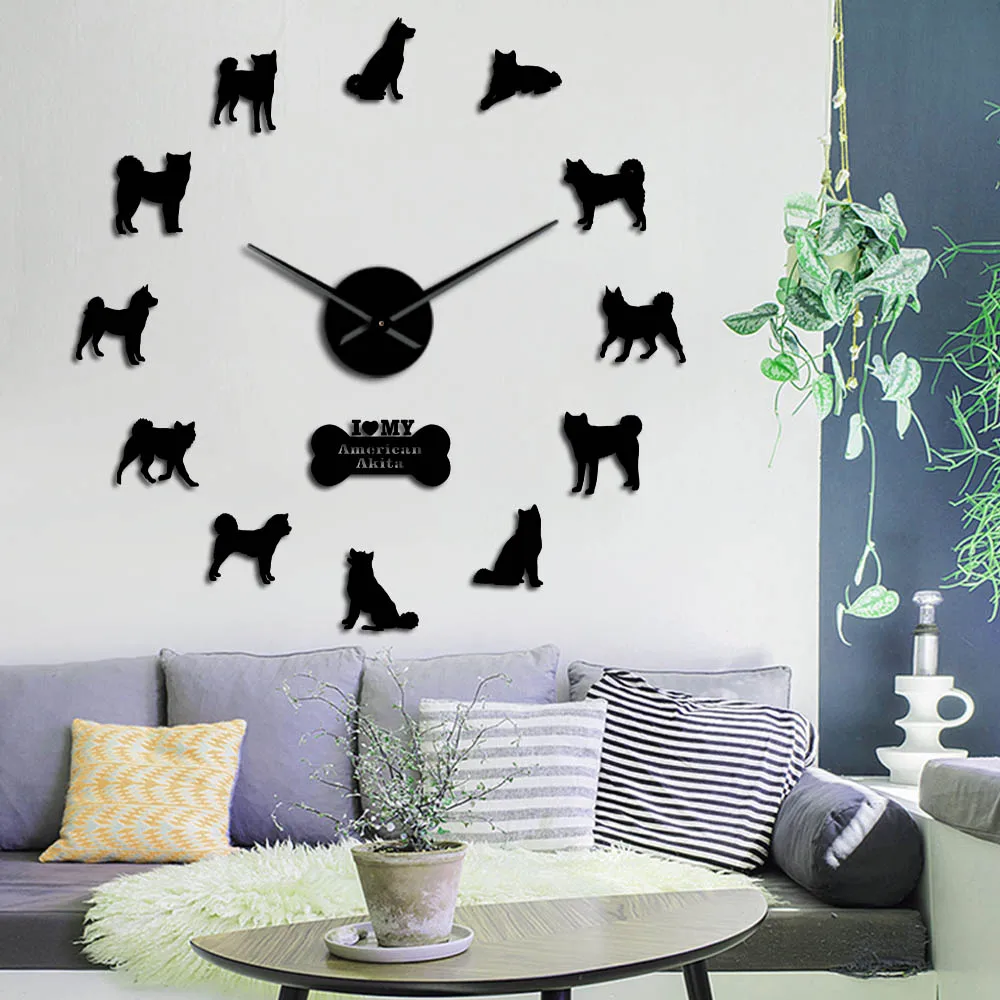 American Akita Dog Breed Wall Clock American Hakita Puppies Wall Stickers Frameless DIY Large Watch Room Decor Dog Lover Gift