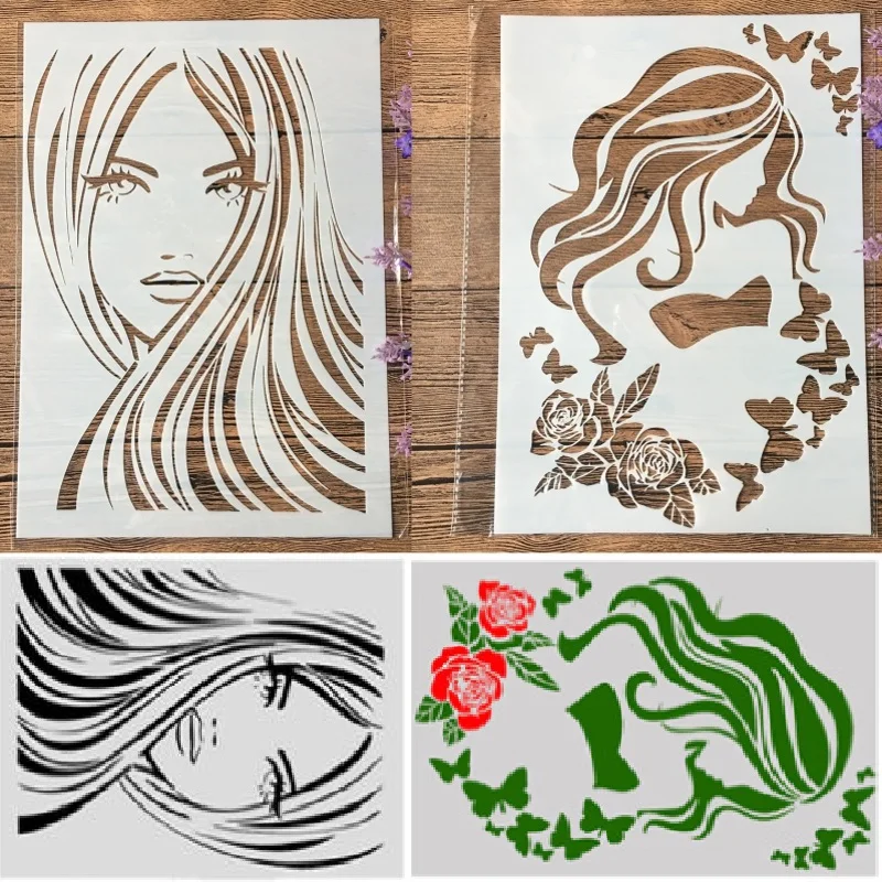 2Pcs/Lot A4 Long Hair Fashion Girl DIY Craft Layering Stencils Painting Scrapbooking Stamping Embossing Album Paper Template