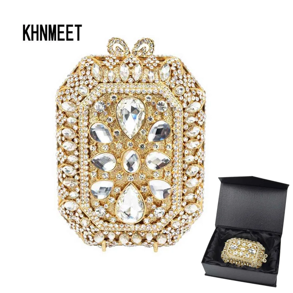 KHNMEET Gold Stone Fashion diamante Luxury Crystal Evening Bag Designer Famous banquet Clutch Bag Crystal Encrusted Bag SC521