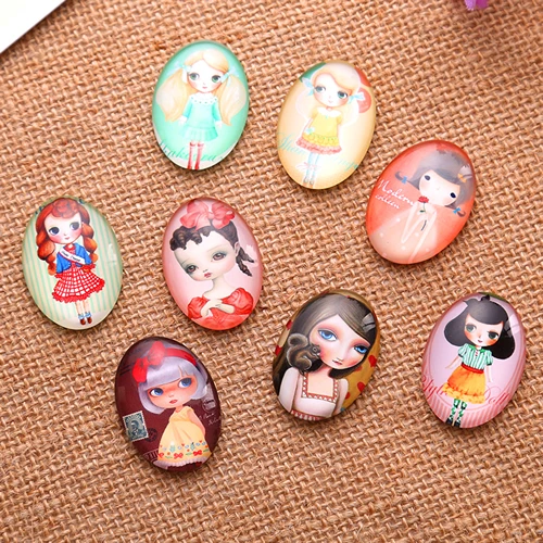 13x18mm Random Mixed Cartoon Girl By Pair Oval Glass Cabochon Flatback Photo Base Tray Blank DIY Making Accessories 30pcs K04769