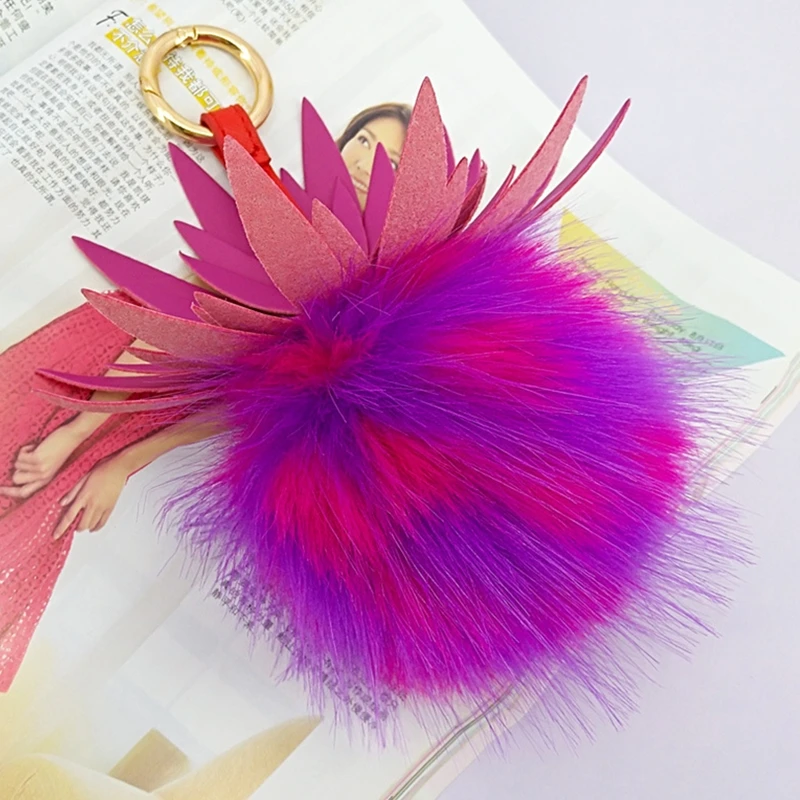 13cm Faux Rabbit Fur Pom Pom Pineapple Pendant Key Chain Gold Ring Women Bag Charms Bunny Fur Pompom Keychain Trinket Party Gift