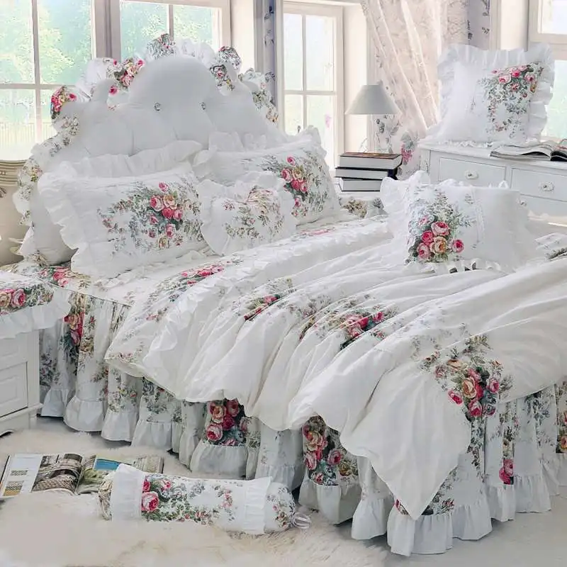 

Luxury Princess Lace Bedding Set Korean Style 100%Cotton White Flowers Print Ruffles Duvet Cover Bedspread Bed Skirt Pillowcases