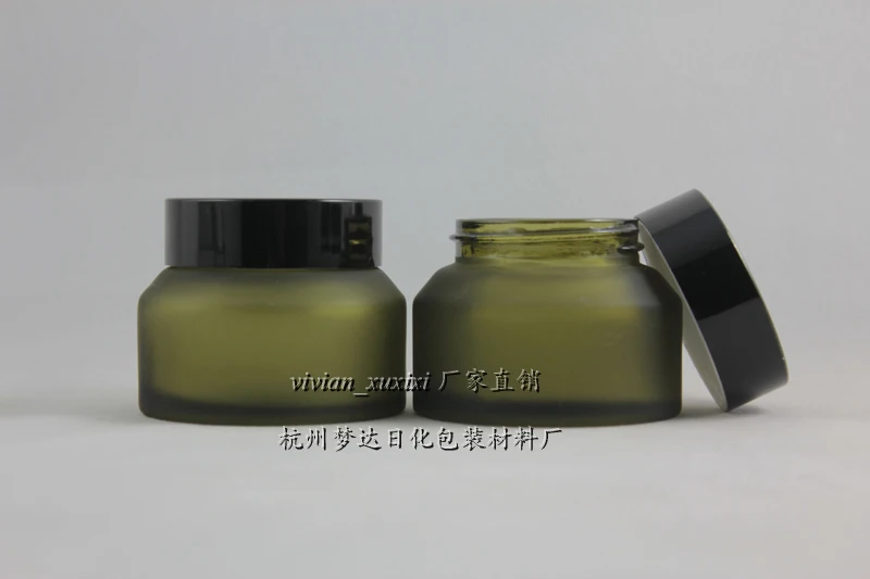 

30pcs wholeslae 50g olive green frosted glass cream jar with black aluminum lid, 50g glass cosmetic jar for mask or eye cream