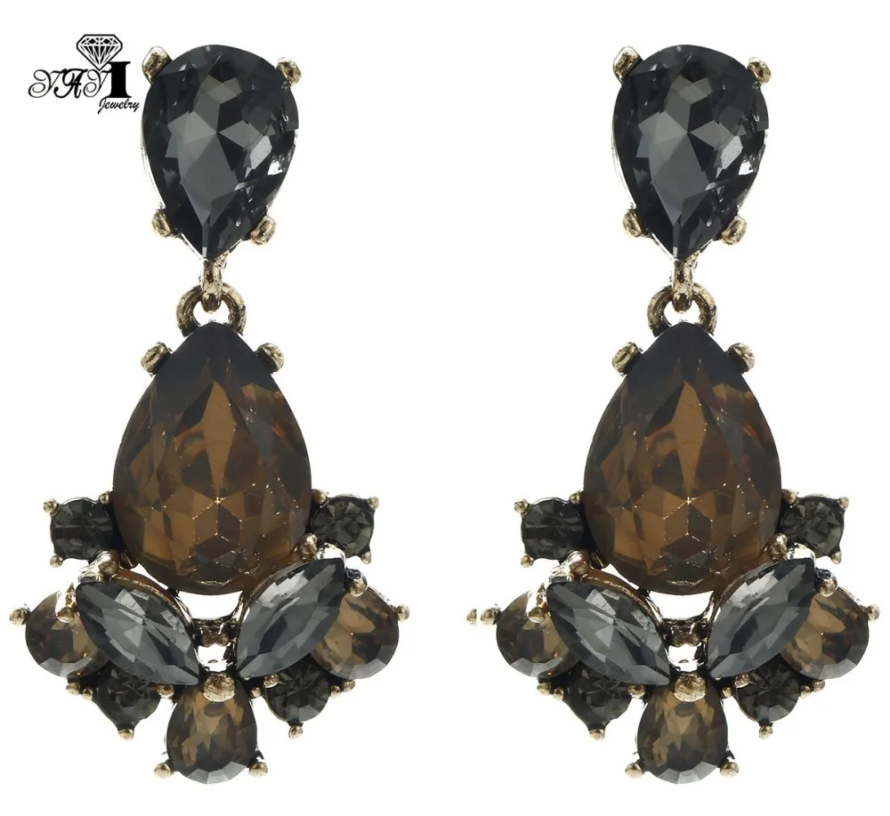 YaYi Jewelry New  Brown Glass Gray Rhinestone Dangle Crystal Earring Women\'s Fashion Ancient Gold Color Gem Earrings 1165