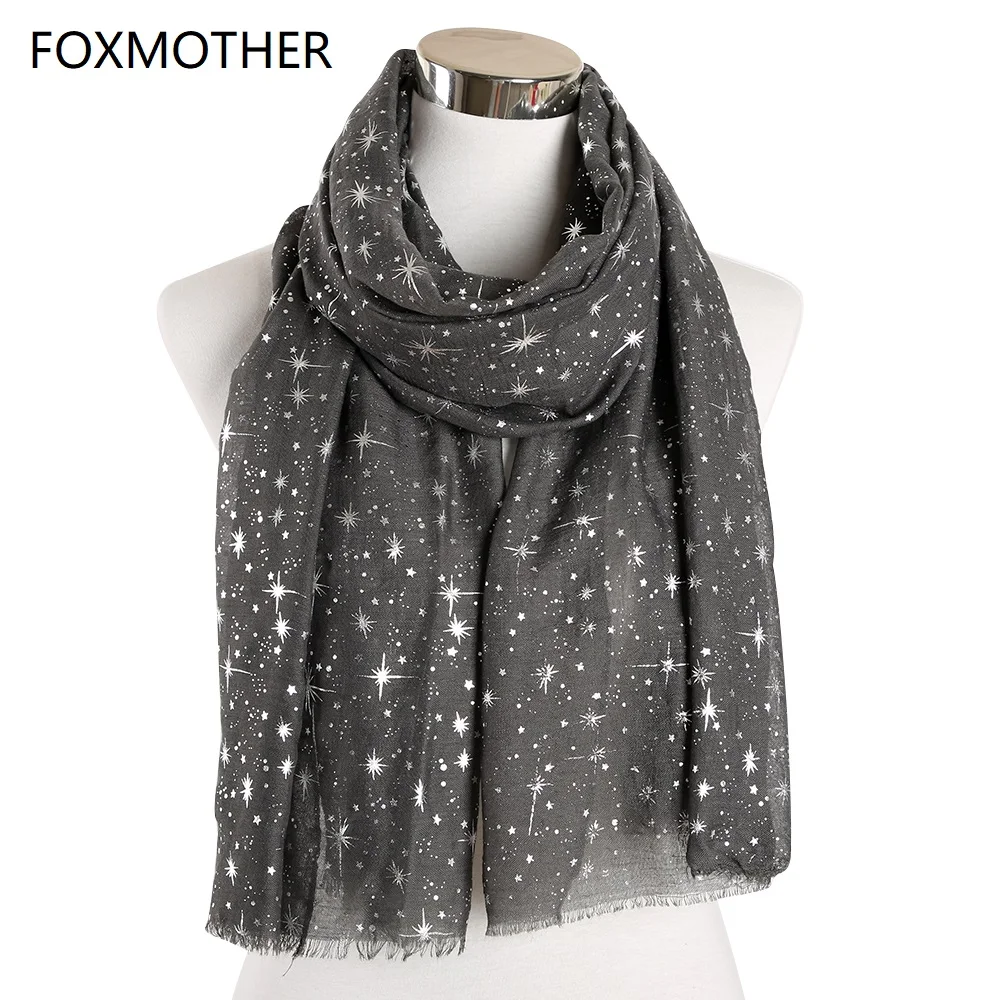 FOXMOTHER New Autumn And Winter Pink Navy Star Print Scarf Women Foil Sliver Hijab Scarves Glitter Galaxy Shawl Wrap Ladies 2019