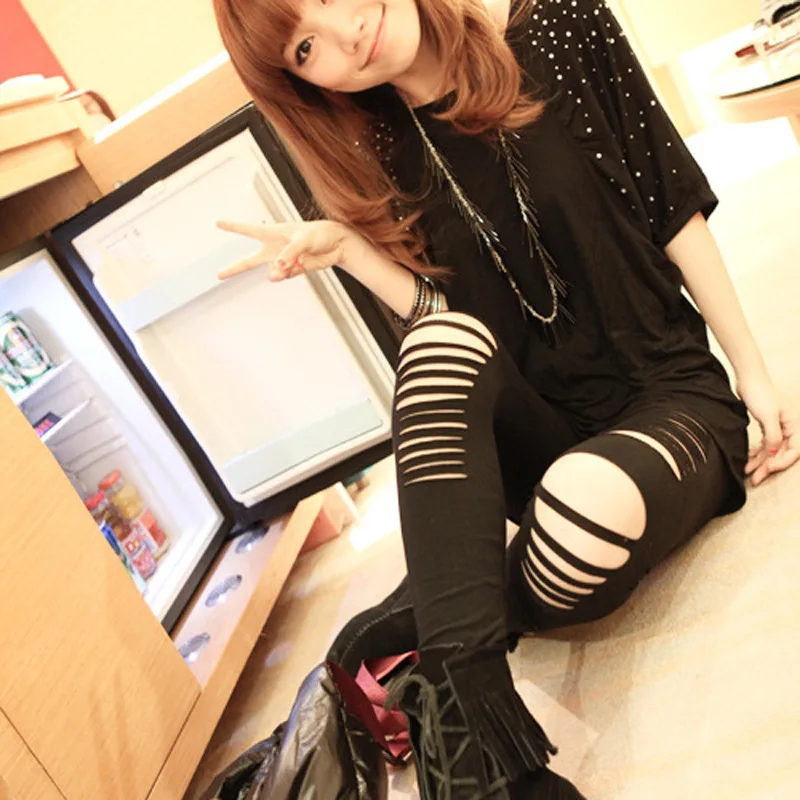 lady punk fashion street wear pants women stripe hole pants spring autumn ripped capris girl slim fitted pencil leggings