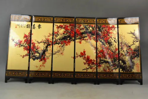 

( Mini ) Exquisite Chinese Classical Red Plum Lacquer Painting Wooden Folding Screen