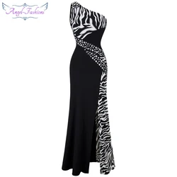 Angel-fashions One Shoulder Zebra Gemstones Stitching Evening Dress Black Ballkleid 072 480