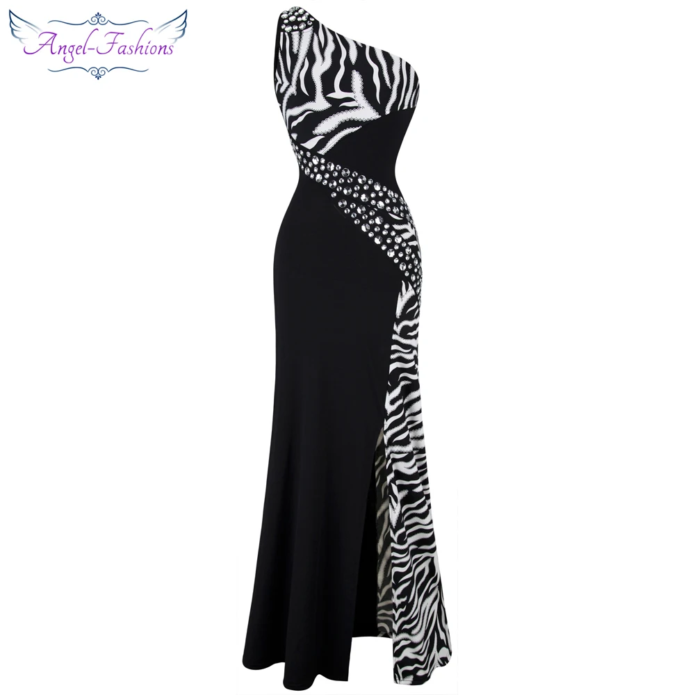 Angel-fashions One Shoulder Zebra Gemstones Stitching Evening Dress Black Ballkleid 072 480