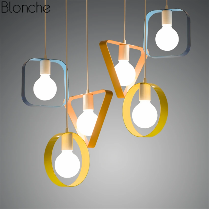 Modern Colorful Geometry Pendant Lights Led Iron Hanglamp Square/ring/triangle/rectangle Lamp Living Room Light Fixtures Decor