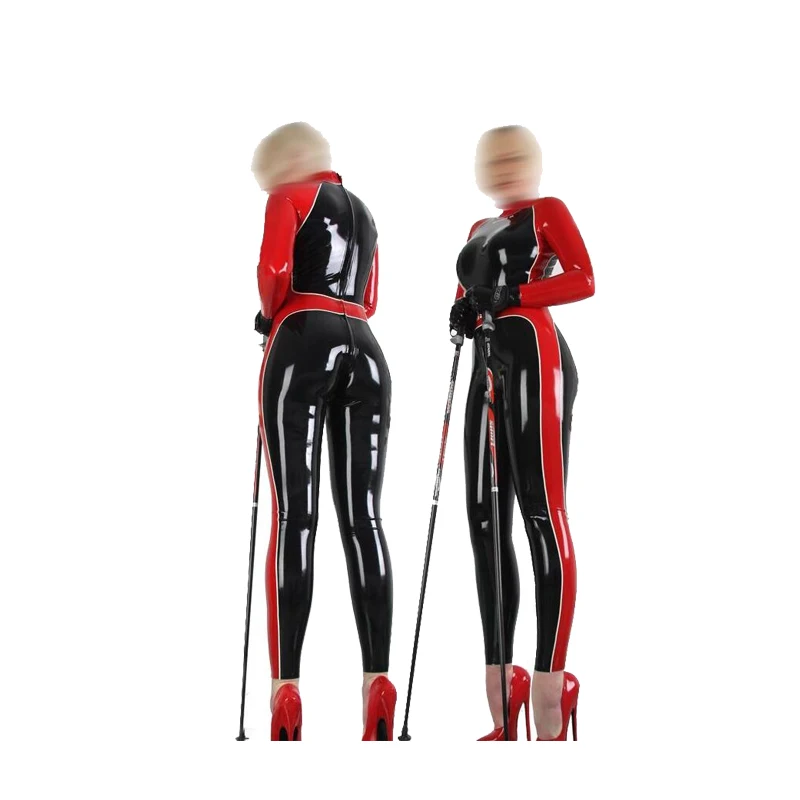 Latex Rubber Women Suit Red and Black Catsuit Full-body Bodysuit Sports uniforms Size XXS- XXL