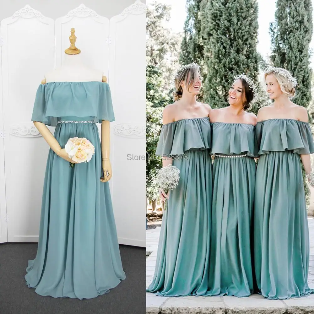 YNQNFS BD8 Flowy Chiffon Ruffles Boat Neck Off the Shoulder Bridesmaid Green Dress