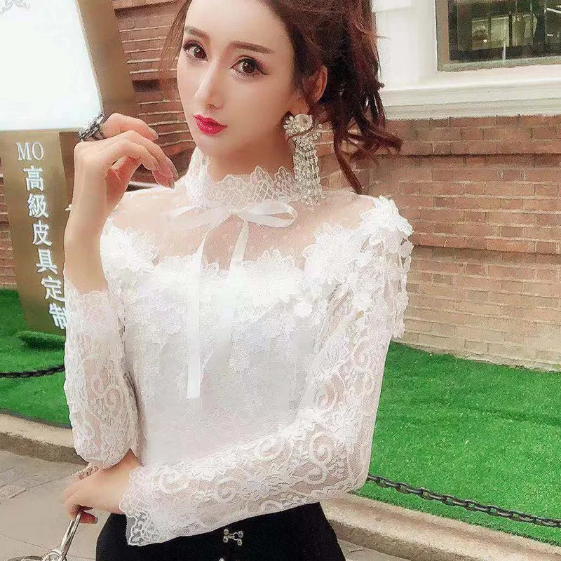 Spring Women Long Sleeve Shirt Sweet Tie Bow  Floral Lace Blouse Female Hollow Out Tassel Mesh Blouses Blusas Short Tops AB1313