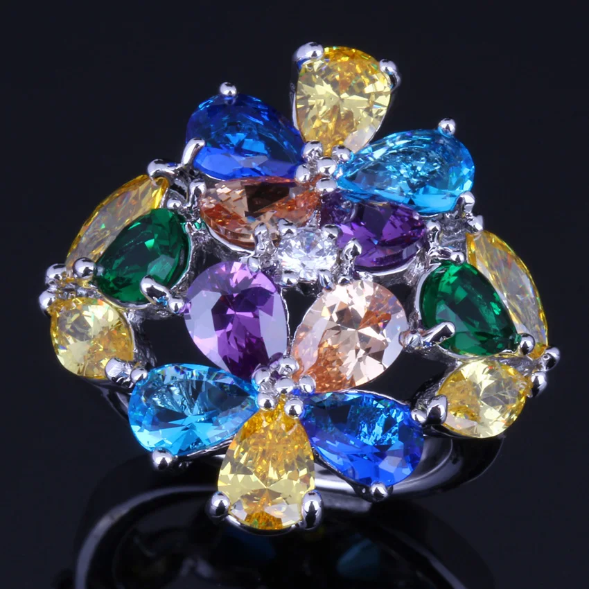 Remarkable Huge Multi-Gem Multi-Color Yellow Cubic Zirconia Silver Plated Ring V0163