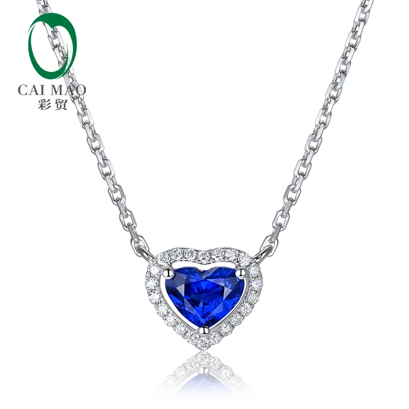 Caimao 0.67ct Heart Shape Blue Color Sapphire 14k White Gold Halo Diamond Engagement Pendant Chain