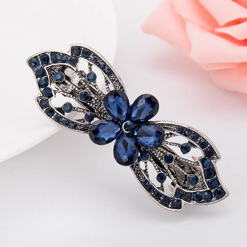 EASYA Vintage Blue Rhinestone Hairwear Butterfly Flower Hair Barrettes Women Hair Clips Retro Bow Hair Accessories Jewelry