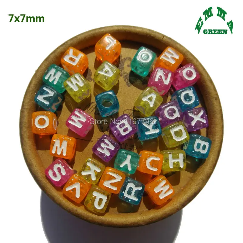 Acrylic Cubes Square Letter Alphabet Spacer Beads Fashion Transparent Powder Big Hole Beads Charms Jewelry Finding 7mm 1950pcs