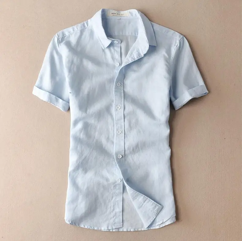 Mens Linen Shirts Short Sleeve Summer Mens Quality Casual Shirts Slim fit Solid Cotton Shirts Men Camisa Masculina TS-149