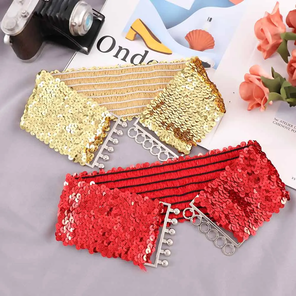 2020 Fashion Ladies Waistband Charms Women Elastic Sequin Belly Waist Belt Casual Stretch Belt Buckle Corset Wide Waist Belts