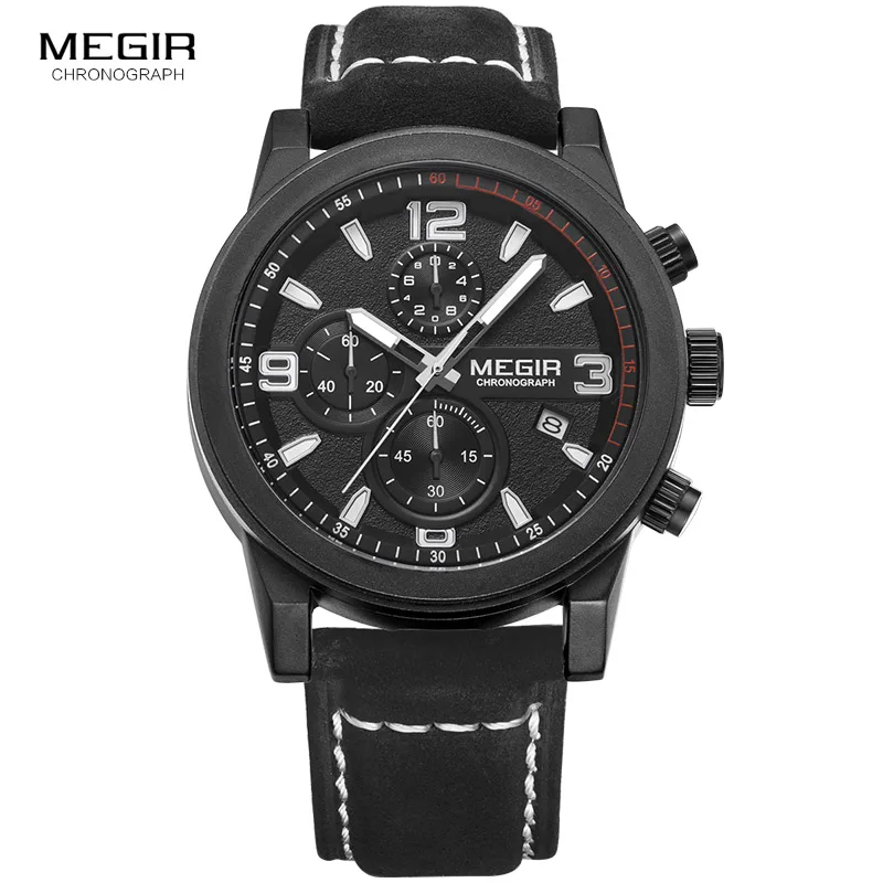 Megir Mens Chronograph Luminous Hands Waterproof Wristwatches Fashion Large Dial Calendar Leather Band Quartz Watch for Man