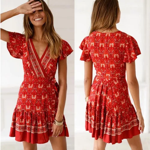 

Summer Women Casual Print Dresses 2019 New Women Summer Casual Ruffles Short Sleeve V-Neck High Waist Mini Print Dress
