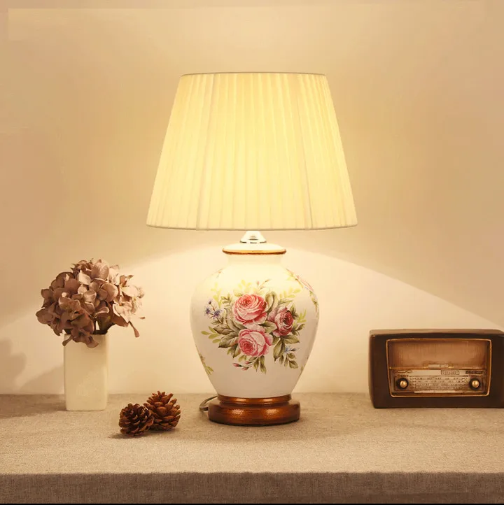 Chinese style white flower ceramic Table Lamps Fashion dimmer/touch fabric  E27 LED lamp for bedside&foyer&studio&tea room MF005