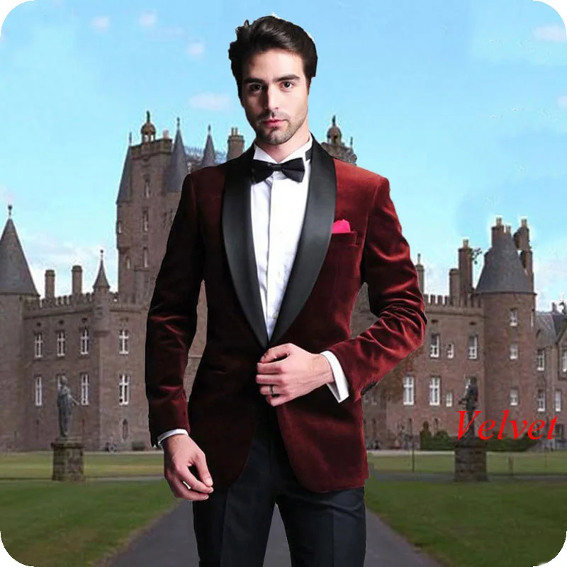 

Burgundy Velvet Wedding Men Suit Black Shawl Lapel Classic Smoking Jacket Groom Tuxedos Two Piece Men Suits with Pants Ternos