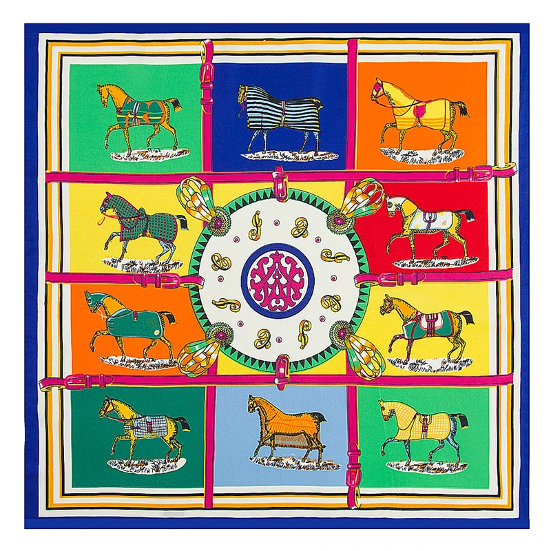 POBING Silk Square Scarf Spain Ten Horse Printed Scarves High Quality Square Foulard NeckerChief Small Bandana Lady Hijab 60CM