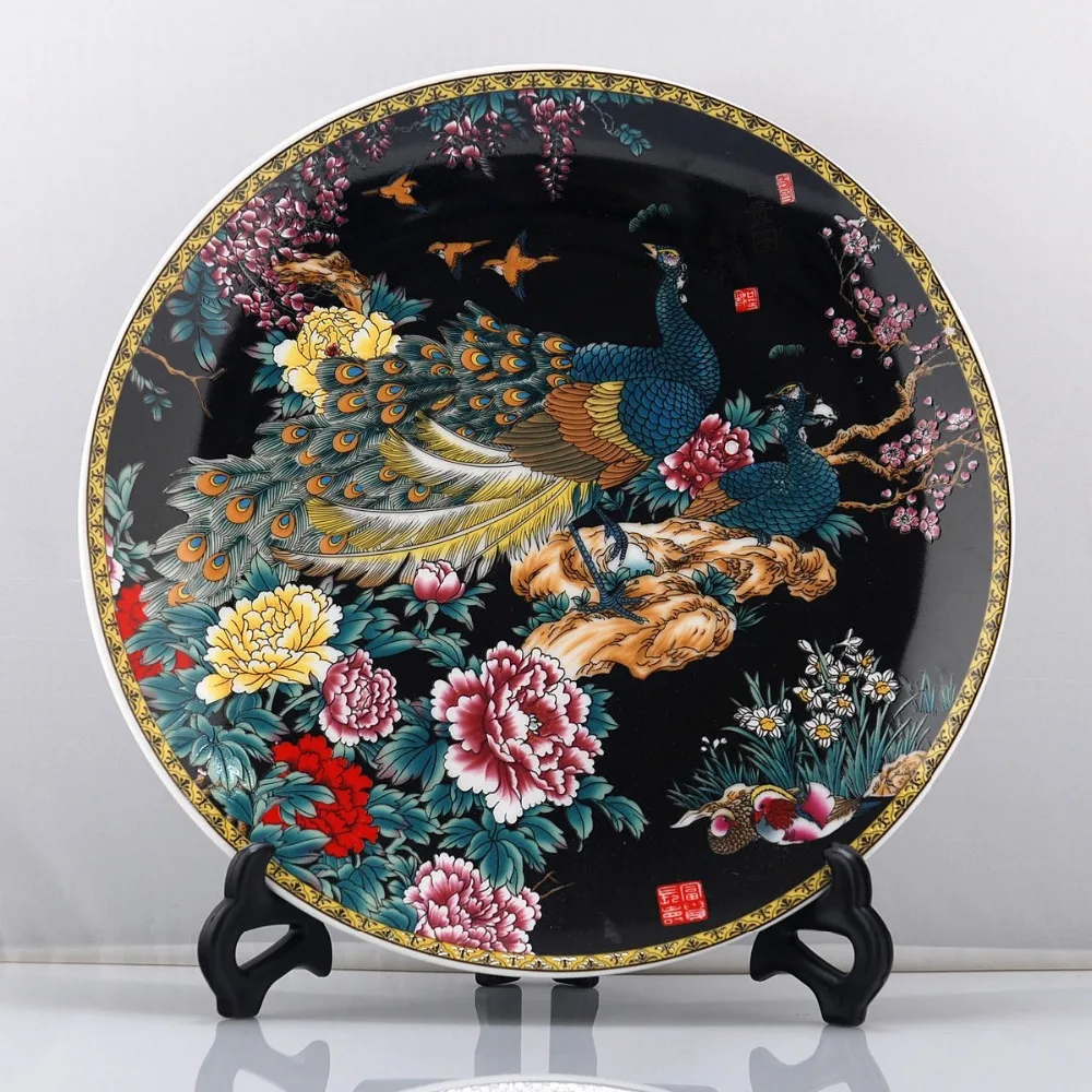 

Exquisite Chinese Handwork Famille Rose Porcelain Plate ,Painted With Peacocks and Flowers