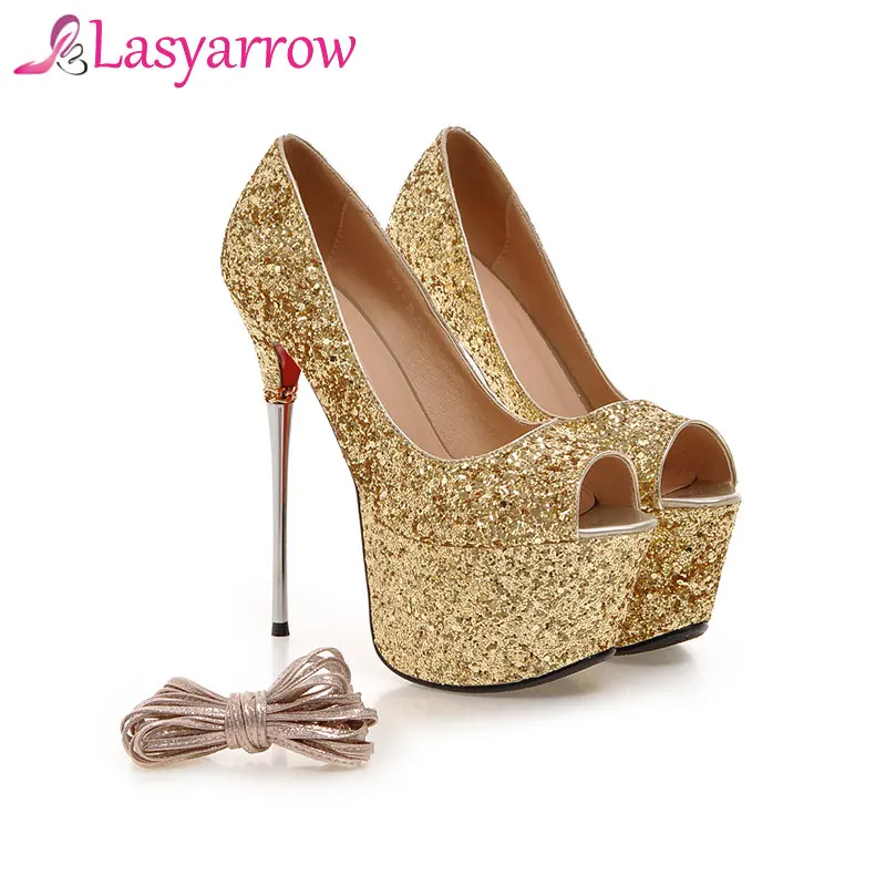 Lasyarrow Brand Shoes Women Platform High Heels Pumps Peep Toe Bling Bling Gold Silver Wedding Shoes Thin Heels Big Size RM177