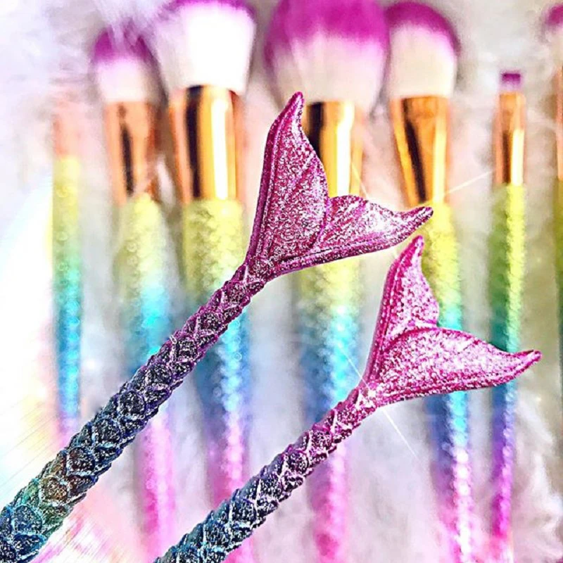 10PCS Mermaid Shape Makeup Brush Fish Scale Foundation Powder Eyeshadow Unicorn Makeup Brushes Contour Blending Cosmetic Brushes