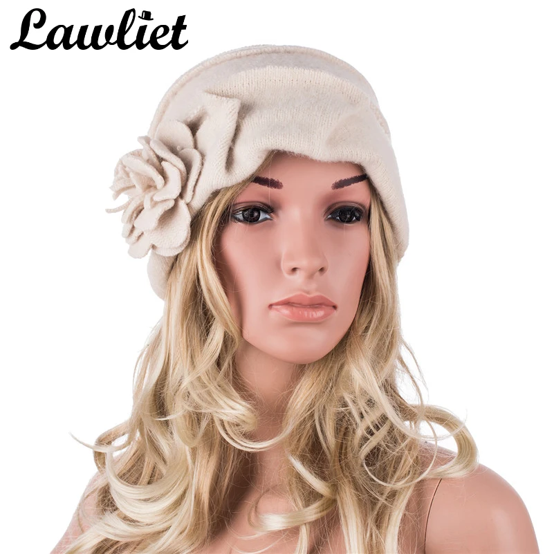 Lawliet Wool Hat Women Winter Hats Solid Floral Warm Knitted Ladies Beanies Skullies Bonnet Femme Bucket Cloche Winter Cap A376