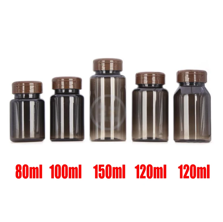 100pcs Plastic Medical Bottles,Capsules/ Pills/Powder Bottles Translucent Black Color with Brown Flip Lid 80ml/100ml/120ml/150ml