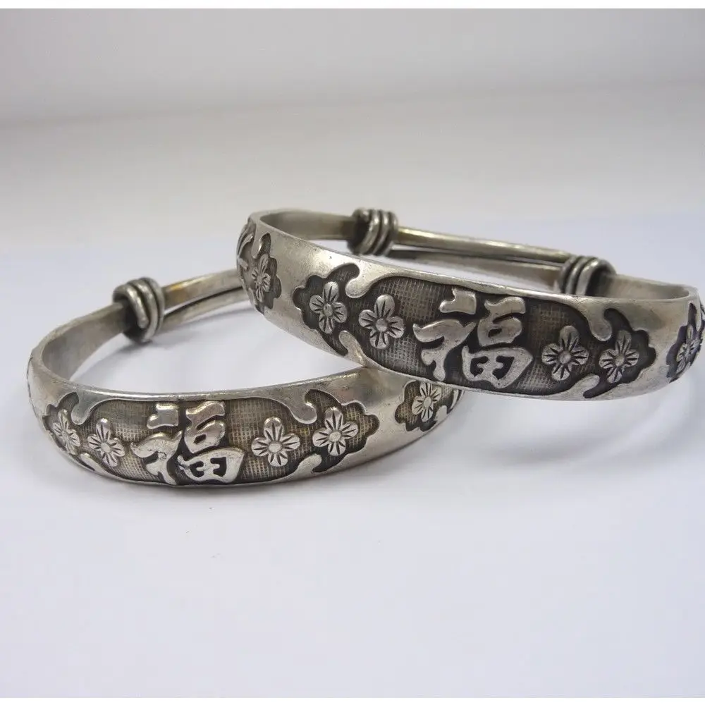 Tibet silver carved Plum flowers bracelet bangle A pair