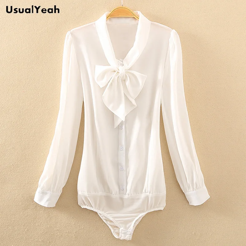 

UsualYeah Women OL Bodysuit Blouse Shirt Elegant Bow Office Chiffon Long sleeve Blouses White Black Blue Blusas