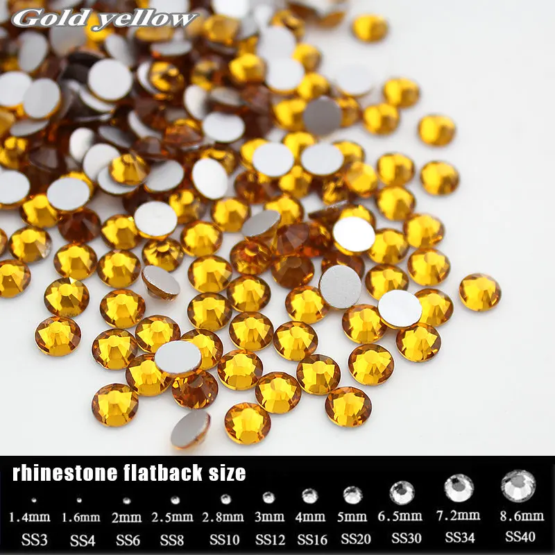 Hot SS4-SS34 Gold yellow rhinestone for Nail Art Flatback Non Hotfix Glue on Nail Art Rhinestones Boutique and Top grade