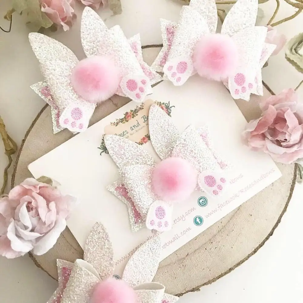 Boutique ins 15pcs Fashion Cute Glitter Rabbit Ears Bowknot Hairpins Pom Pom Animal Ears Bow Hair Clips Easter Princess Headwear