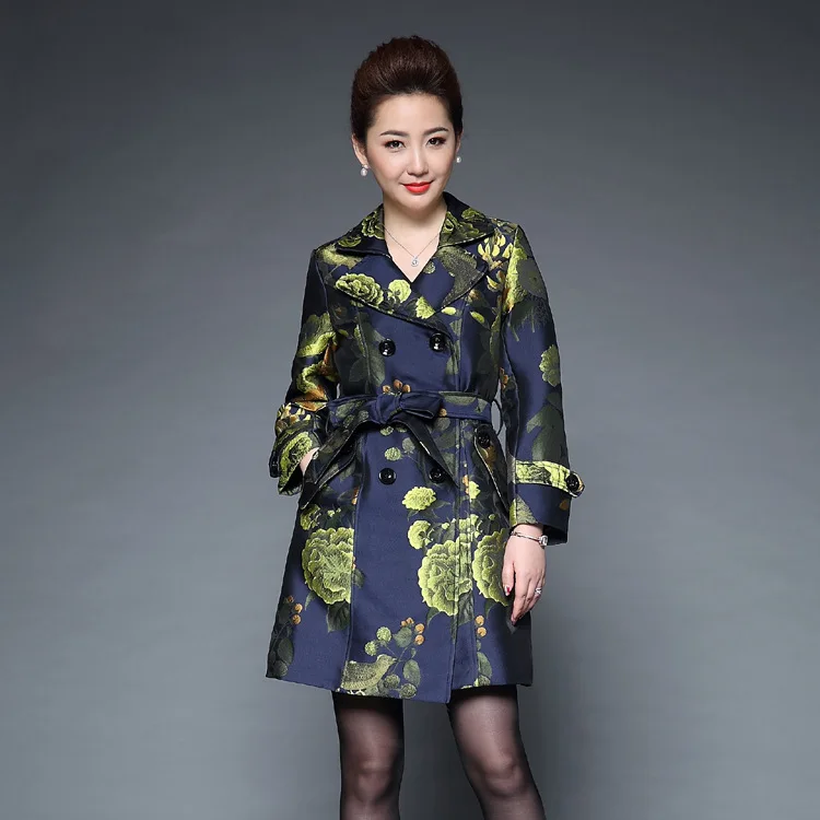 

Plus size 4XL 2024 Spring Trench coat women trench luxury double breasted Flower dobby mother outerwear medium-long overcoat