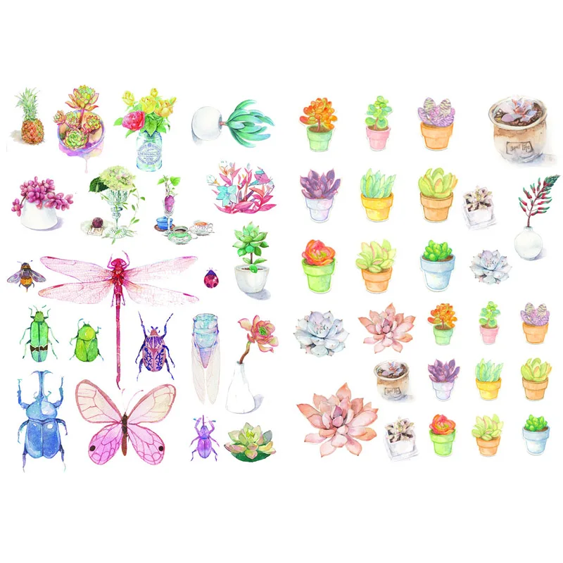 1 PCS Insect Succulent Plant Decoration Aesthetic Book Journal Stickers Scrapbooking Stationery Sticker Flakes Art Supplies