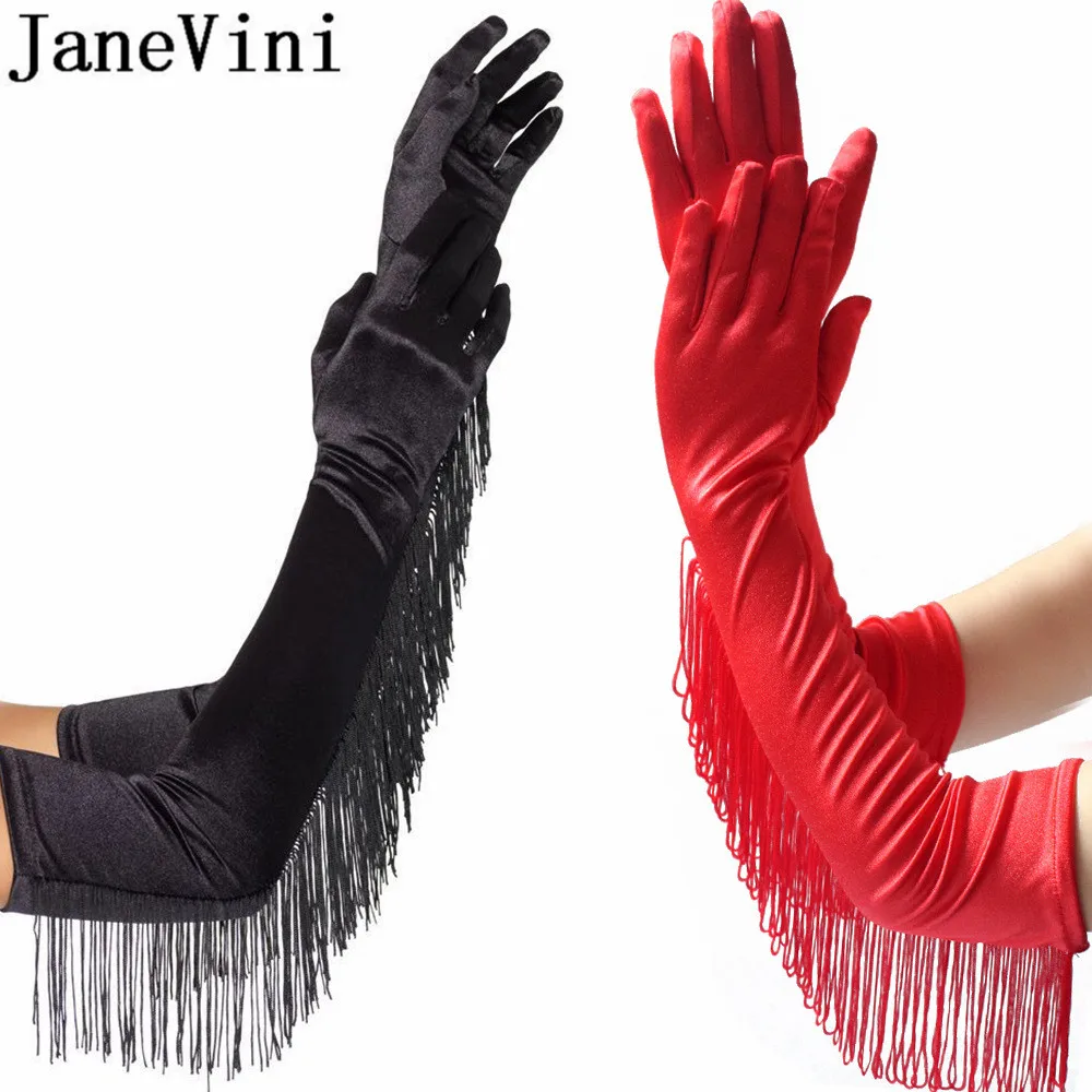 

JaneVini New Tassel Satin Wedding Gloves For Bride Long Black White Bridal Gloves Latin Dance Show Red Gloves Elbow Full Finger