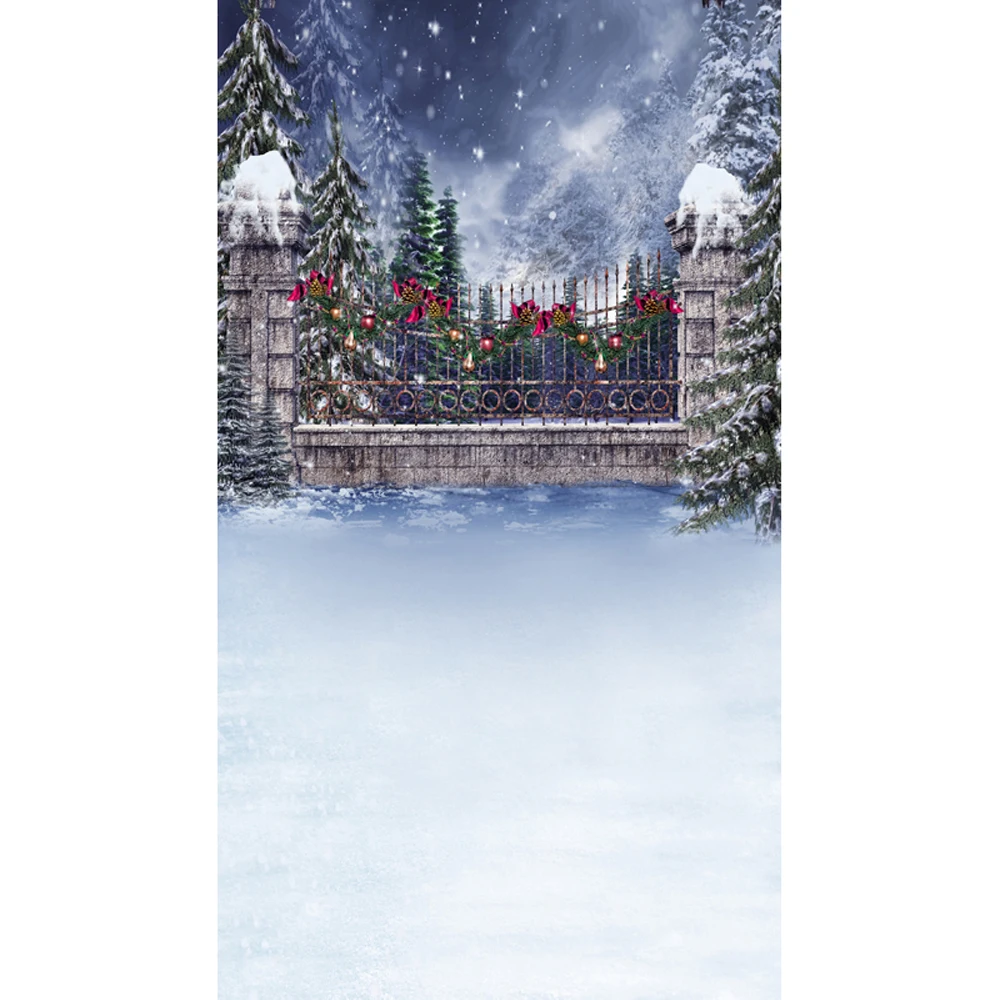 Falling Snowflakes Christmas Snow Backdrop Vinyl Printed Stone Pillars Iron Fence Pine Trees Children Winter Scenic Backgrounds