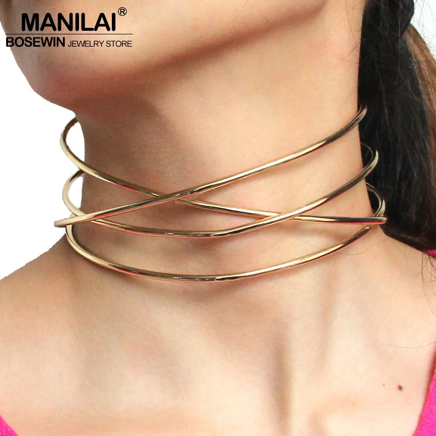 MANILAI Fashion Jewelry Choker Necklaces For Women Chokers Collar Statement Necklace Maxi Female Alloy Torques Gold Color Criss