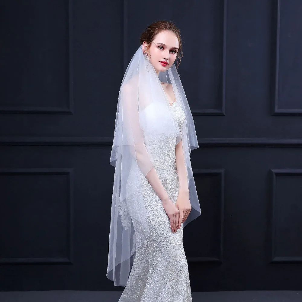 JaneVini Simple งาช้าง Tulle ผ้าคลุมหน้าเจ้าสาว 2 ชั้นพร้อมหวีปลายนิ้วความยาว Veil Appliques Elegant เจ้าสาวอุปกรณ์จัดงานแต่งงาน