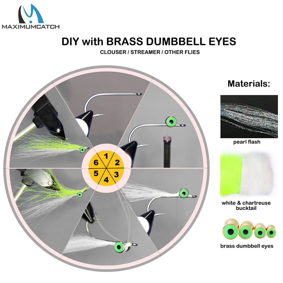 Maximumcatch 25pc 3.2/4.0/4.8/5.5/6.3mm Fly Tying Beads Brass Dumbbell With Eyes Fly Tying Material