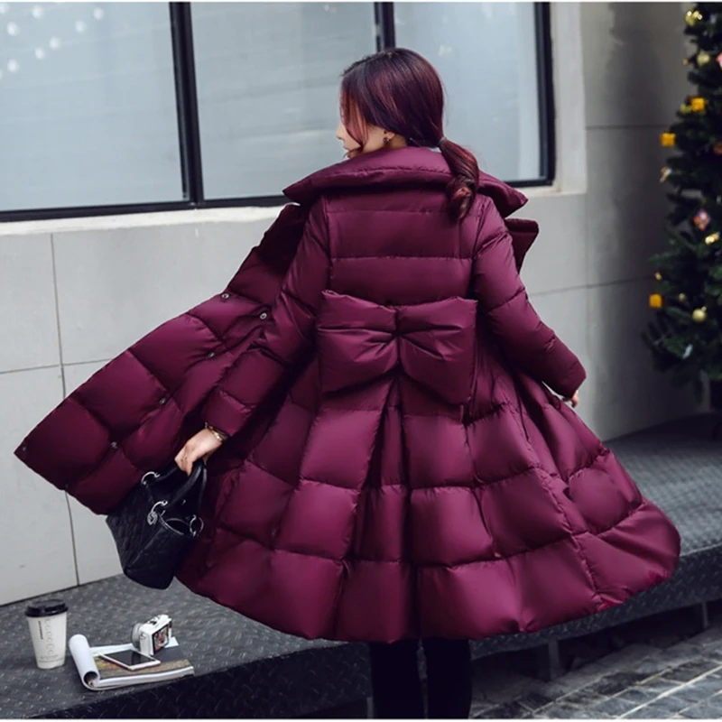 Winter parkas women cotton jacket fashion A-line Down cotton jackets Thick warm long Slim female Bow Big swing cotton coats N247