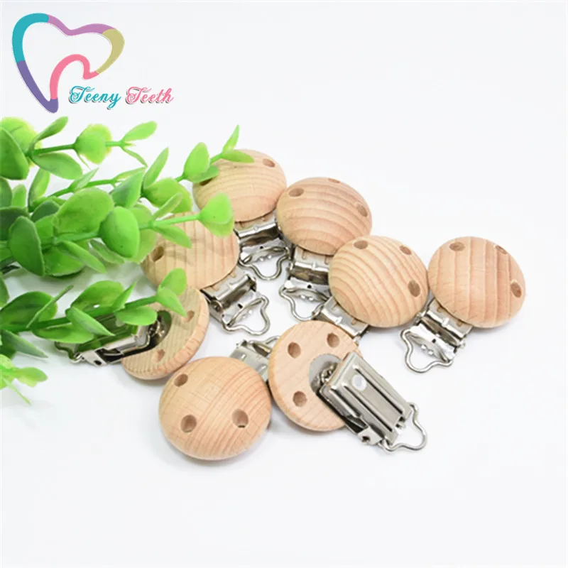 5 PCS Beech Wood Pacifier Clip With 3 Holes Silicone Beads Baby Teething Accessories Wooden Clip Nipple Clasps Pacifier Holder