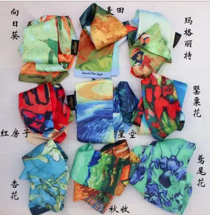 9x120cm Van Gogh Oil Painting Multi-function Bag Scarves Skinny Scarves 2019 New Silk Scarf Women Head Scarf Wrist Towel